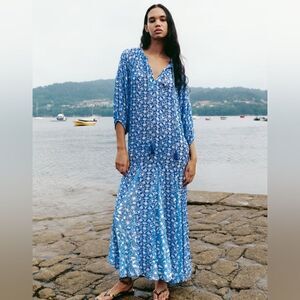 ZARA BOHO DOTTED MESH PRINTED MIDI DRESS